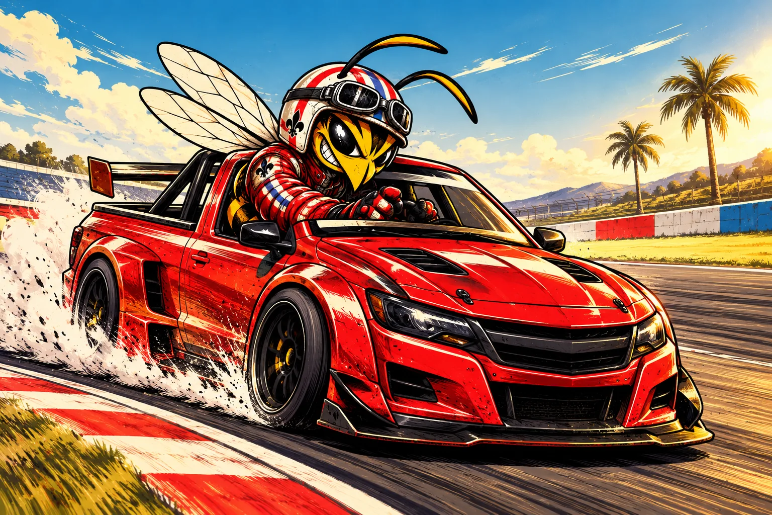 Illustration du frelon pilote au volant d’un pick-up rouge sur circuit.