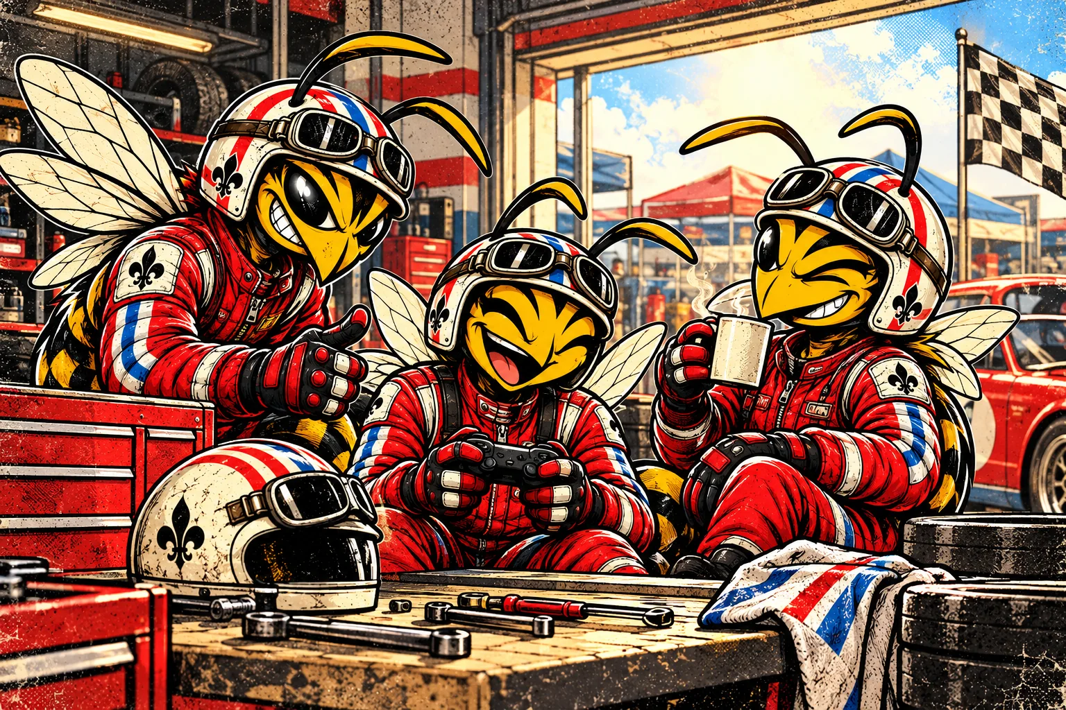 Illustration de trois frelons qui discutent au garage autour d’une manette et d’un café.