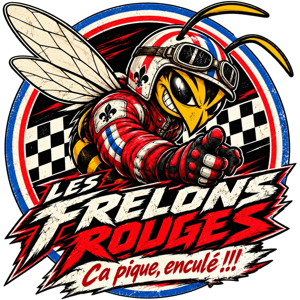 Logo des Frelons Rouges : un frelon pilote dans un écusson rétro.