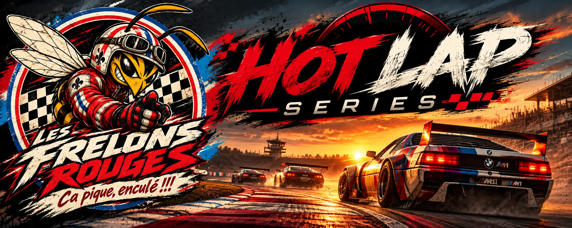 Les Frelons Rouges · Hot Lap Series : le frelon pilote et des voitures sur circuit au soleil couchant.