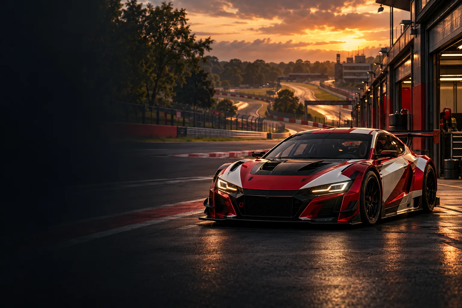 Illustration d’une voiture de course rouge dans un paddock